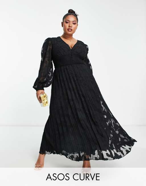 ASOS DESIGN Curve - Geplooide midi-jurk met burn-out en gesmokte taille in zwart