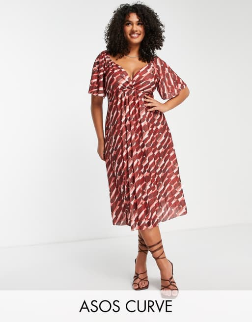 ASOS DESIGN Curve - Geplooide midi-jurk met gedraaide achterkant, kapmouwtjes en abstracte vlekkenprint