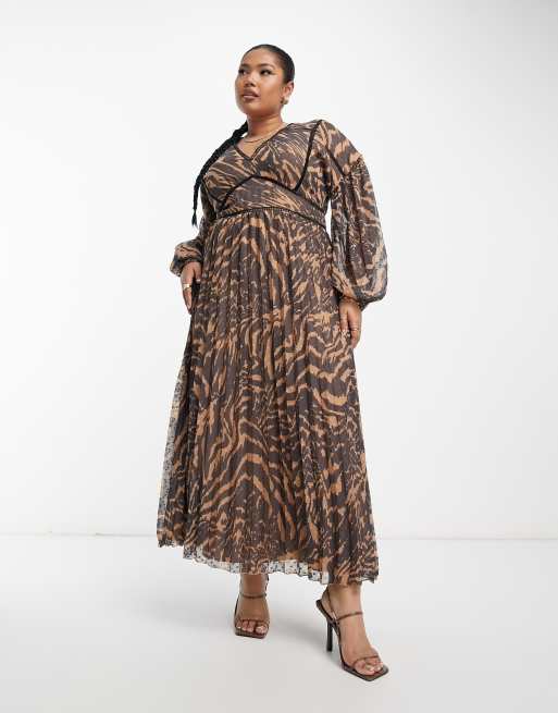 ASOS DESIGN Curve - Geplooide midi-jurk met opengewerkte rand en dierenprint