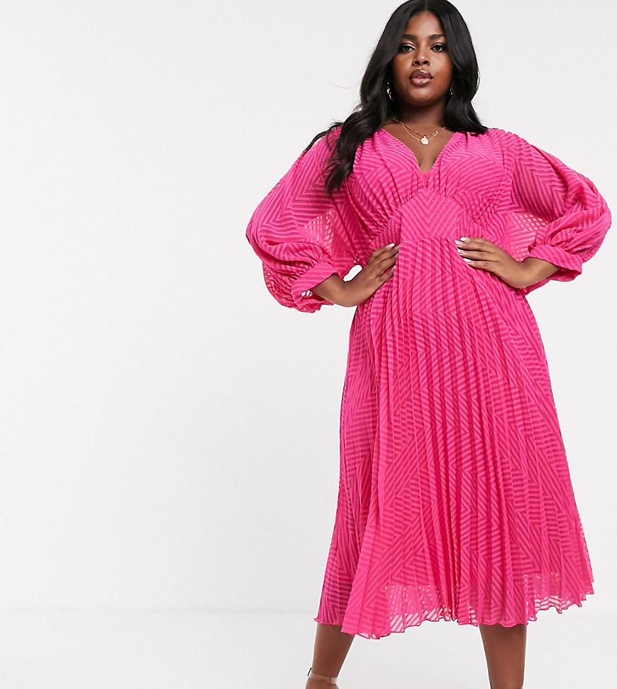 ASOS DESIGN Curve - Geplooide midi-jurk met vleermuismouwen en chevron dobby-Roze