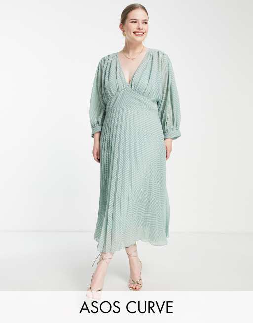 ASOS DESIGN Curve - Geplooide midi-jurk met vleermuismouwen van chevron dobby in groen