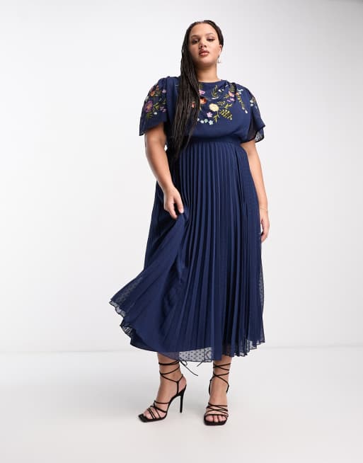 ASOS DESIGN Curve - Geplooide midi jurk van dobbystof met gedrapeerde halslijn en versiering in marineblauw