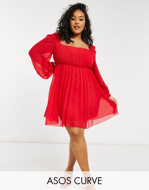 ASOS DESIGN Curve - Geplooide mini-skaterjurk met vierkante hals in rood
