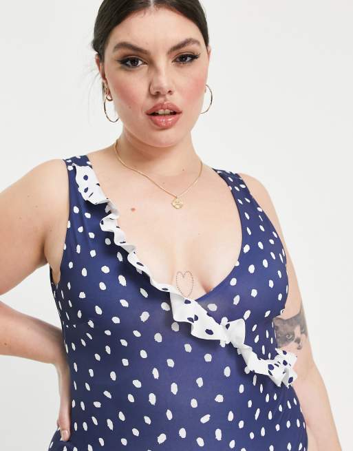 ASOS DESIGN Curve – Gepunkteter Badeanzug in Navy mit tiefem Ausschnitt und Rüschendetail , 3 von 4
