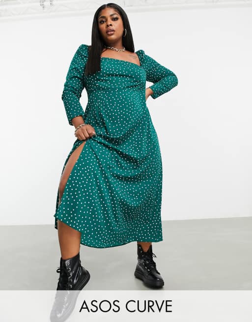 ASOS DESIGN – Curve – Gepunktetes Midi-Skaterkleid mit eckigem Ausschnitt