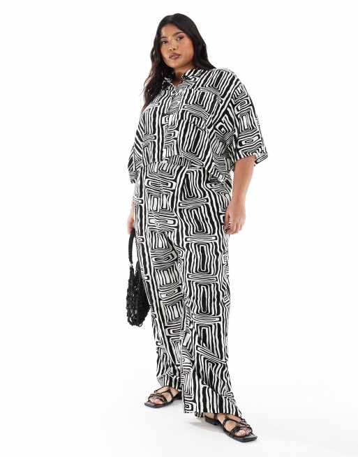 ASOS DESIGN Curve – Gerade geschnittene Hose mit Schwarz-Weiß-Print und elastischem Bund, Kombiteil