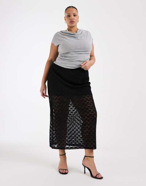 ASOS DESIGN Curve – Gerade geschnittener Maxirock aus Spitze in Schwarz - view 1
