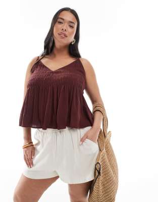 ASOS DESIGN Curve - Gerafftes Camisole in Schokobraun mit V-Ausschnitt