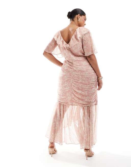 ASOS DESIGN Curve – Gerafftes, figurbetontes Midikleid in Rosa mit nach hinten abfallendem Saum und Blumenmuster, 2 von 4