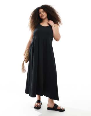 ASOS DESIGN Curve - Gerafftes Hänger-Midikleid in Schwarz mit tiefem Ausschnitt