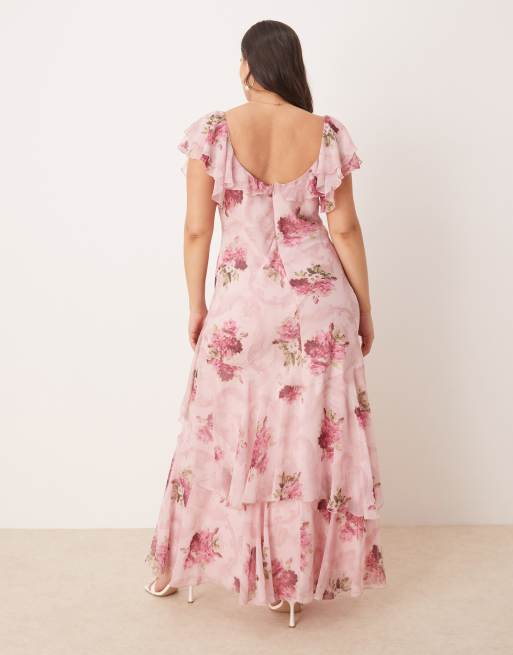ASOS DESIGN Curve – Gerafftes Maxikleid mit Flatterärmeln und Blumenmuster in Rosa, 3 von 4