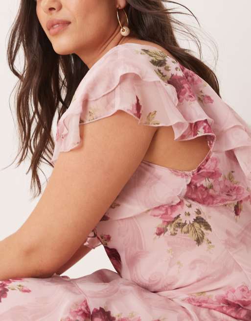 ASOS DESIGN Curve – Gerafftes Maxikleid mit Flatterärmeln und Blumenmuster in Rosa, 4 von 4