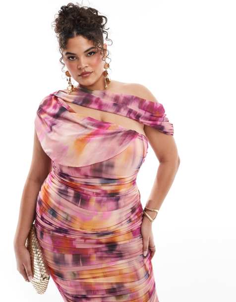 ASOS DESIGN Curve – Gerafftes Midikleid aus rosa Netzstoff mit verschwommenem Muster und Carmen-Ausschnitt - view 1