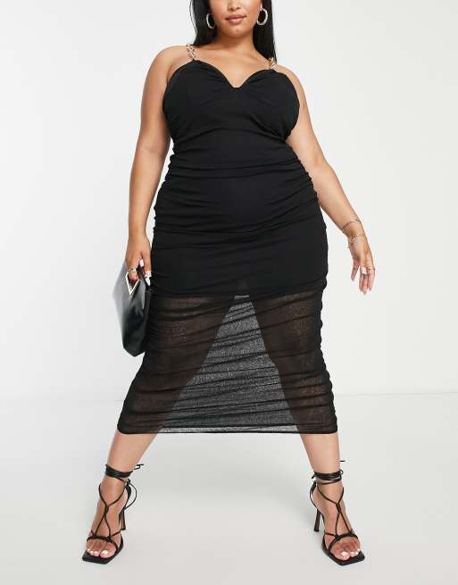ASOS DESIGN Curve – Gerafftes Midikleid in Schwarz mit goldenen Kettenriemen, 4 von 4