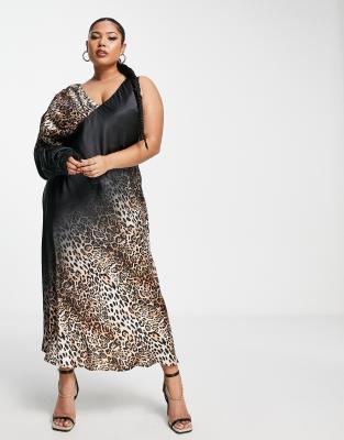 ASOS DESIGN Curve - Gerafftes Midikleid mit One-Shoulder-Träger und Ombré-Animalprint-Bunt