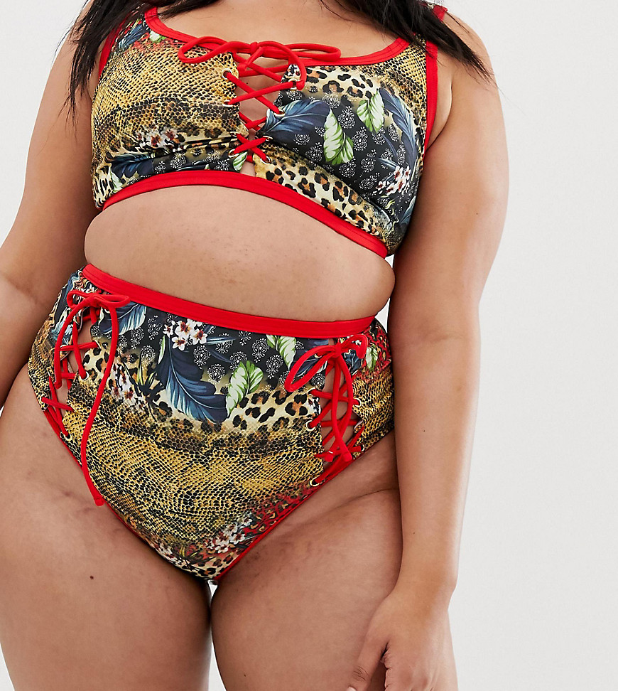 ASOS DESIGN Curve - Gerecycled bikinibroekje met contrasterende rijgveter, hoge taille en tropische luipaardprint-Rood