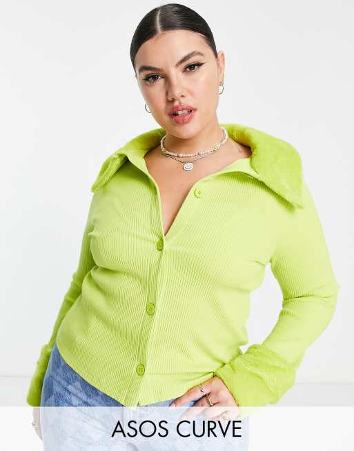 ASOS DESIGN Curve - Geribbeld vest met kraag van imitatiebont in limoengroen