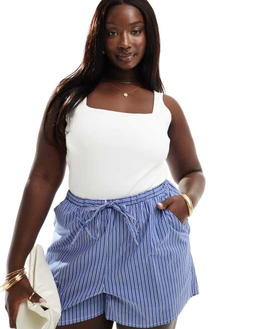 ASOS DESIGN Curve - Geribbelde body met lage ronde hals en biezen in wit