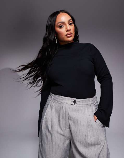 ASOS DESIGN Curve - Geribbelde body met uitlopende mouwen in zwart - view 1