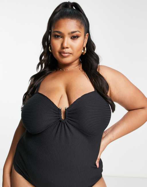 ASOS DESIGN Curve - Geribbelde cami-bodysuit met metalen afwerking in zwart, 4 van 4
