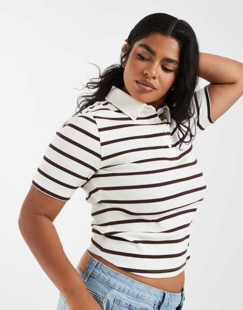 ASOS DESIGN Curve - Geribbelde gekrompen polotop met strepen in chocoladebruin en geel - view 1