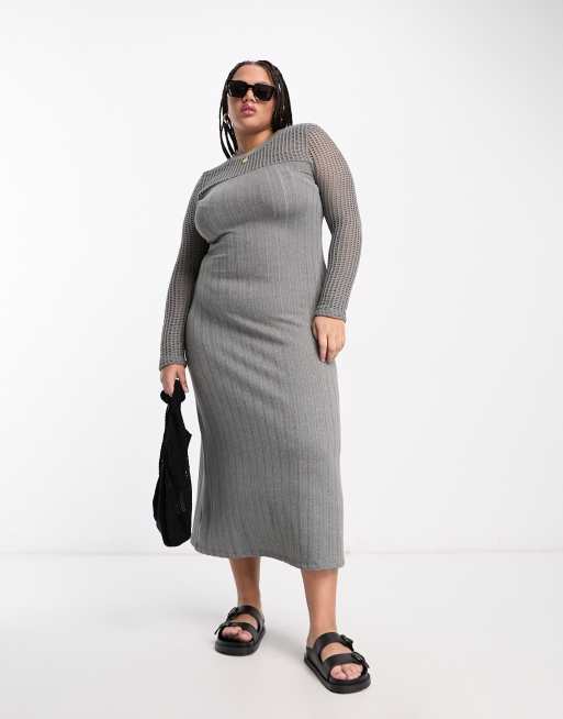 ASOS DESIGN Curve - Geribbelde midi jurk met lange mouwen en gehaakt inzetstuk in grijs