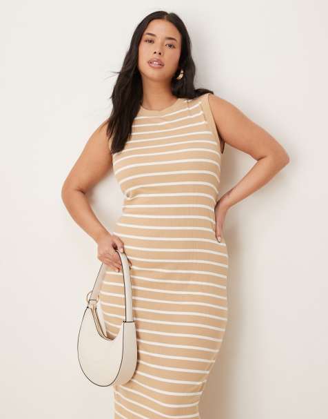 ASOS DESIGN Curve - Geribbelde midi-tankjurk in jaren 90-stijl met neutrale strepen - view 1