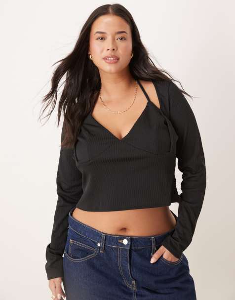 ASOS DESIGN Curve - Geribbelde top met halternek en lange mouwen in zwart - view 1
