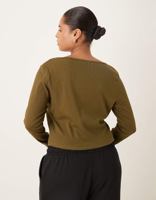 ASOS DESIGN Curve - Geribbelde top met V-hals en lange mouwen in kaki, 3 van 4