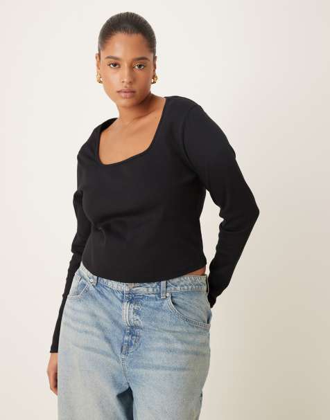 ASOS DESIGN Curve - Geribbelde top met vierkante hals en lange mouwen in zwart - view 1
