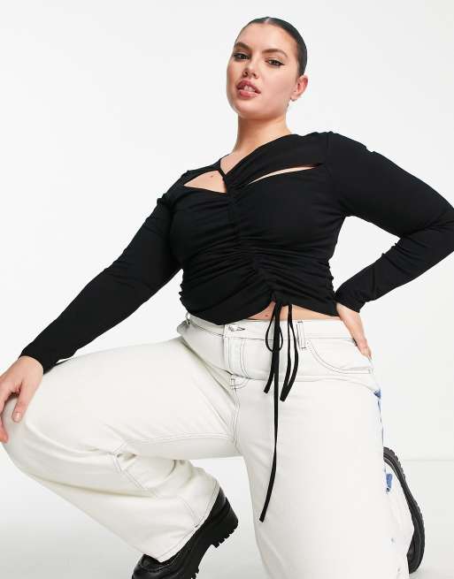 ASOS DESIGN Curve - Gerimpelde top met lange mouwen en uitsnijdingen in zwart, 3 van 4