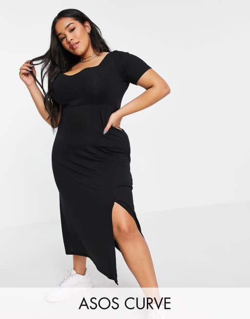 ASOS DESIGN Curve Gerippes Maxikleid in Schwarz mit herzformigem Ausschnitt ASOS