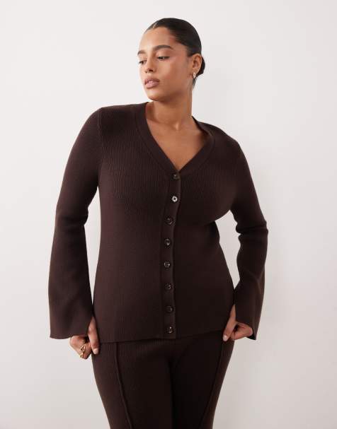 ASOS DESIGN Curve – Gerippte Strickjacke in Schokobraun mit V-Ausschnitt, Kombiteil - view 1