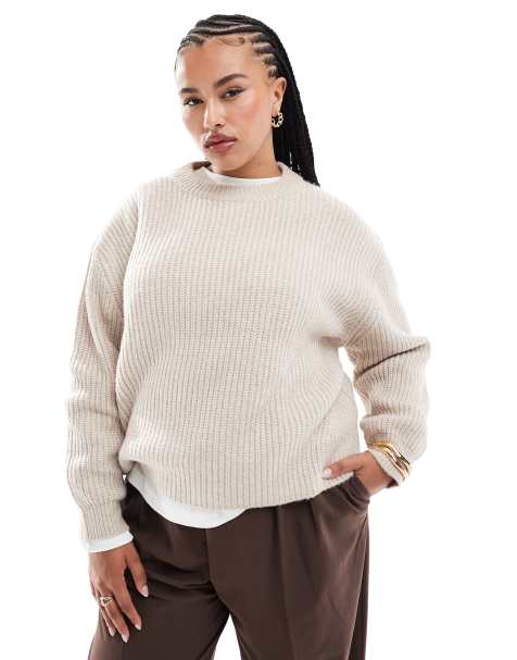 ASOS DESIGN Curve – Gerippter Grobstrickpullover in Haferbeige mit Rundhalsausschnitt - view 1
