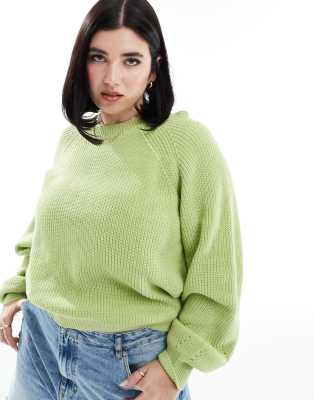 ASOS DESIGN Curve - Gerippter Pullover in Grün mit Ballonärmeln