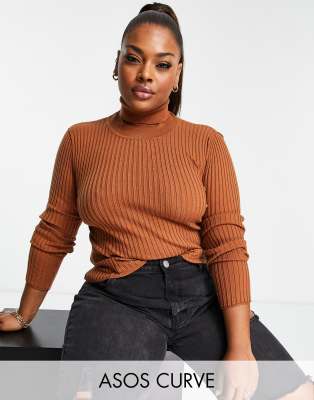 ASOS DESIGN Curve - Gerippter Rollkragen-Pullover in Ingwerbraun-Rotbraun