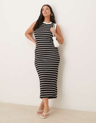 ASOS DESIGN Curve - Geripptes, hochgeschlossenes Midi-Tanktop-Kleid im 90er-Stil mit Streifen in Schwarz-Weiß-Bunt