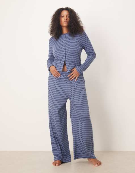 ASOS DESIGN Curve – Geripptes Lounge in Marineblau gestreift - view 1