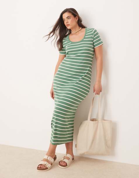 ASOS DESIGN Curve – Geripptes Midaxikleid mit Streifen, U-Ausschnitt und Flügelärmeln - view 1