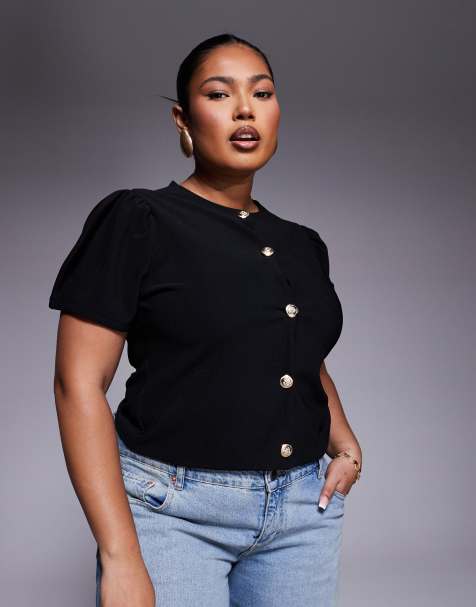 ASOS DESIGN Curve – Geripptes, strukturiertes Oberteil in Schwarz mit Puffärmeln und durchgehender Knopfleiste - view 1