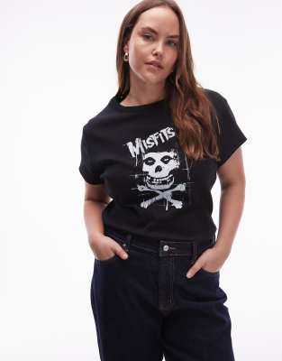 ASOS DESIGN Curve - Geripptes T-Shirt in Schwarz mit knappem Schnitt und „Misfits"-Halloween-Bandprint