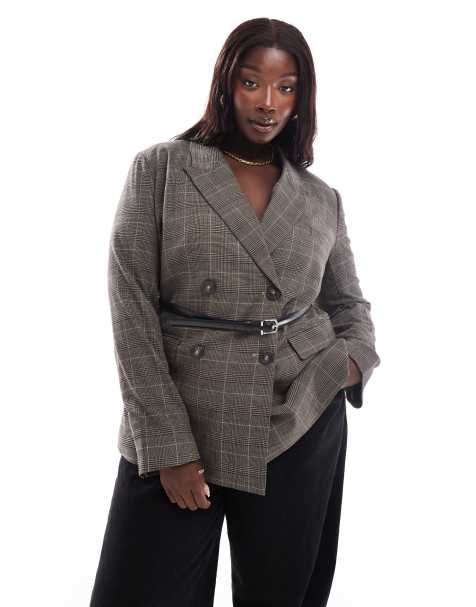 ASOS DESIGN Curve - Geruite blazer met riempje van imitatieleer - view 1