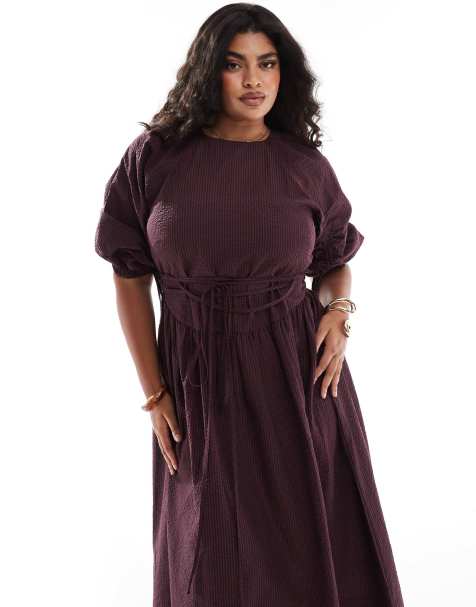 ASOS DESIGN Curve - Geruite midi jurk met gestrikte taille in bordeauxrood - view 1