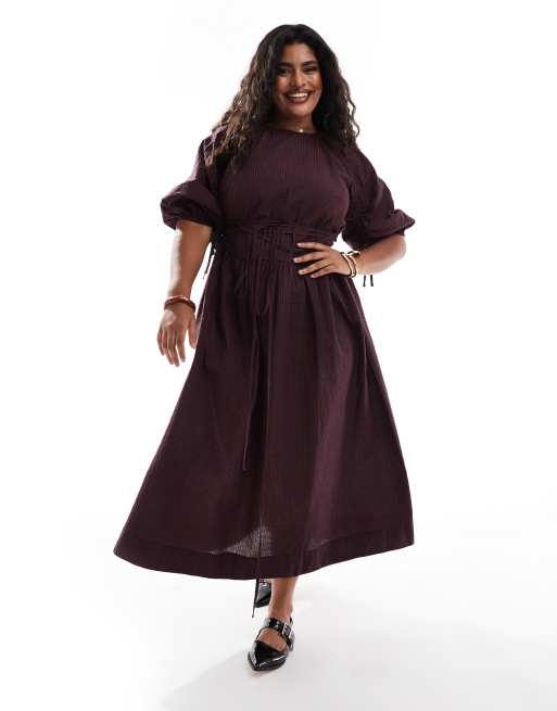 ASOS DESIGN Curve - Geruite midi jurk met gestrikte taille in bordeauxrood, 3 van 4
