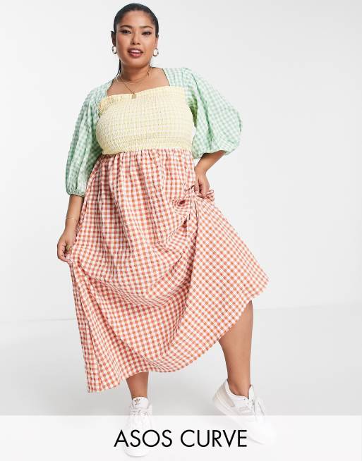 ASOS DESIGN Curve - Gesmokte midi jurk met gemengde gingham ruit