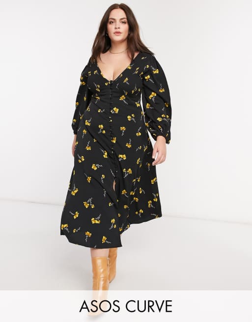 ASOS DESIGN Curve - Gesmokte mini-jurk met V-hals en knopen in bloemenprint