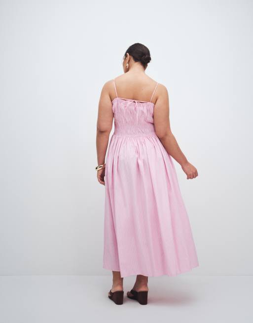 ASOS DESIGN Curve – Gesmoktes Maxi-Sommerkleid aus Baumwollpopeline in gestreiftem Rosa mit tiefer Taille, 3 von 11