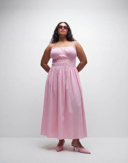ASOS DESIGN Curve – Gesmoktes Maxi-Sommerkleid aus Baumwollpopeline in gestreiftem Rosa mit tiefer Taille, 9 von 11