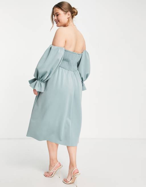 ASOS DESIGN Curve Gesmoktes Midi Ballkleid in Graublau mit Carmen Ausschnitt und Blousonarmeln