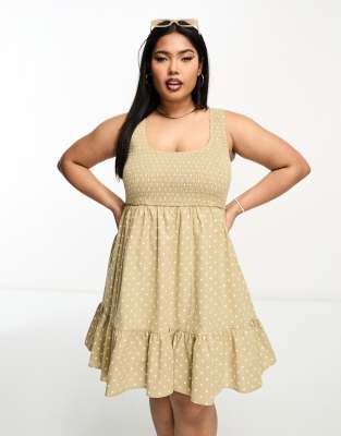 ASOS DESIGN Curve - Gesmoktes Mini-Sommerkleid in Neutral mit U-Ausschnitt und Punktemuster-Bunt